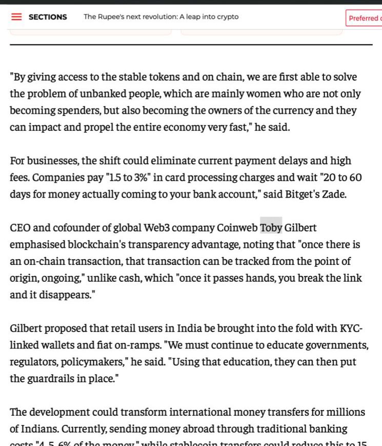 Snapshot of Economic Times organic article on stablecoins featuring a quote from Toby Gilbert.